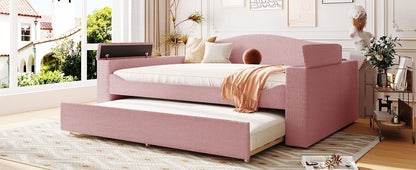 Full Size Upholstered Daybed With Storage Armrests, Trundle And Latest Integrated Bluetooth Audio System, Teddy Fleece - Pink
