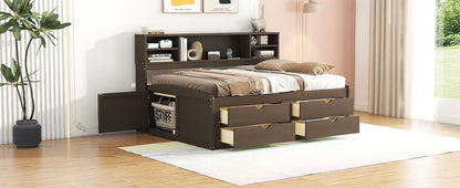 Full Size Daybed With 2 Bedside Cabinets, Upper Shelves And 4 Drawers - Antique Brown
