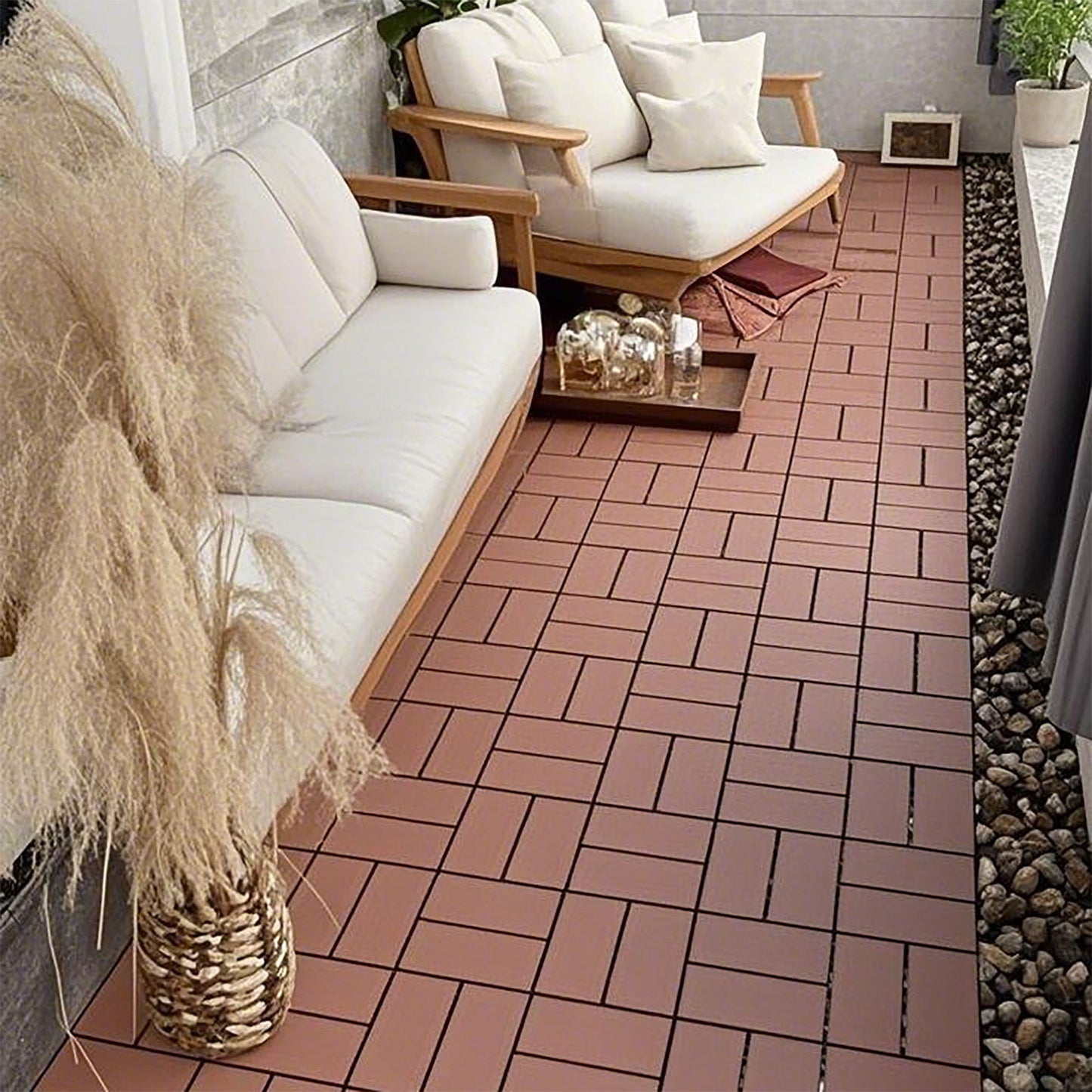 Plastic Interlocking Deck Tiles 44 Pack Patio Deck Tiles Waterproof Outdoor Use - Brown