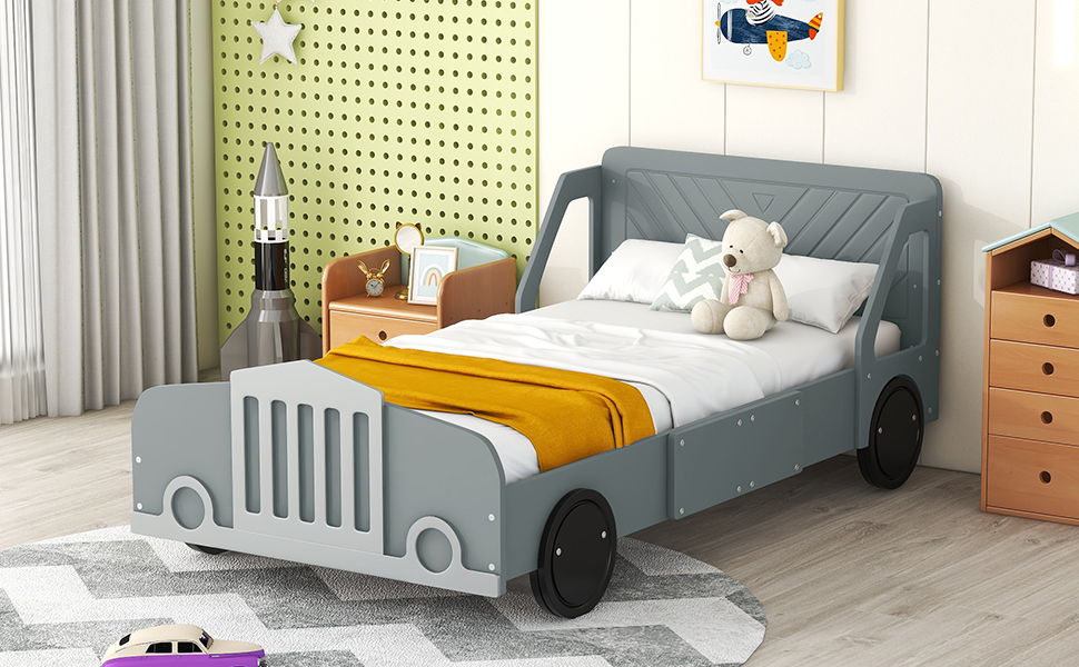 Twin Size Car Shaped Platform Bed With Wheels - Gray