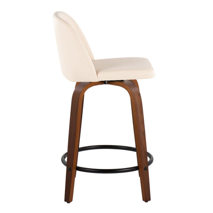Toriano - Mid-Century Modern Fixed Height Counter Stool & Swivel And Round Footrest (Set of 2) - Walnut / Cream