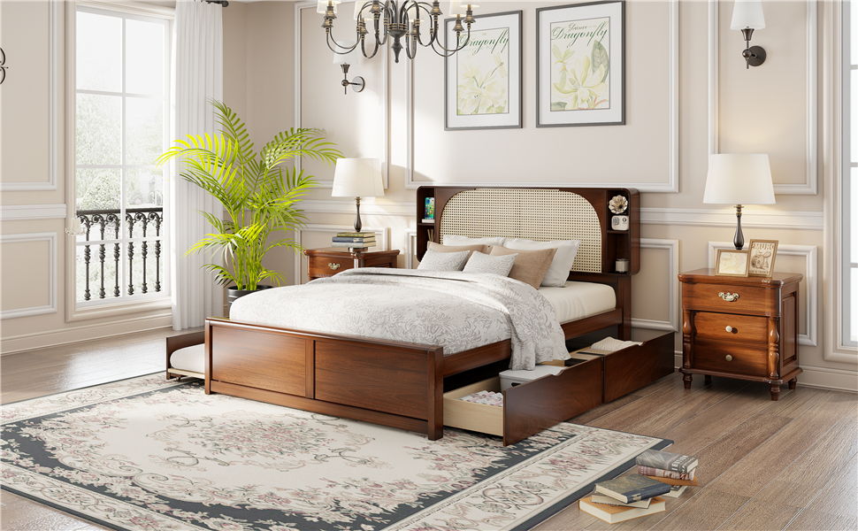 Queen Size Headboard Bed With 2 Drawers And Trundle Walnut
