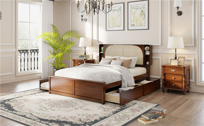 Queen Size Headboard Bed With 2 Drawers And Trundle Walnut