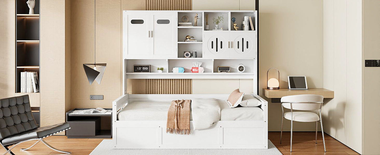 Twin Size Wooden Daybed With Hydraulic Bed And All In One Cabinet And Shelf - White