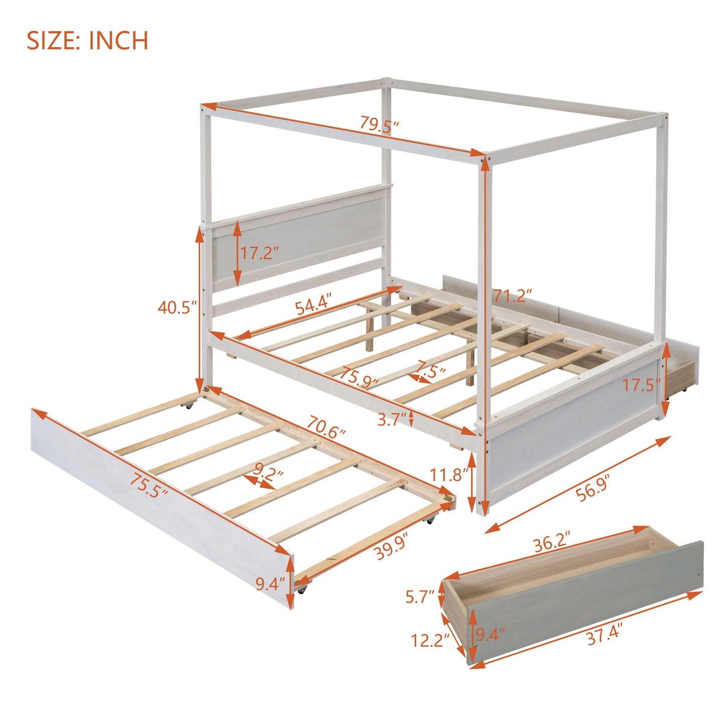 Full Size Canopy Platform Bed With Trundle Bed And 2 Drawers, Support Slats, No Box Spring Needed - Brushed White