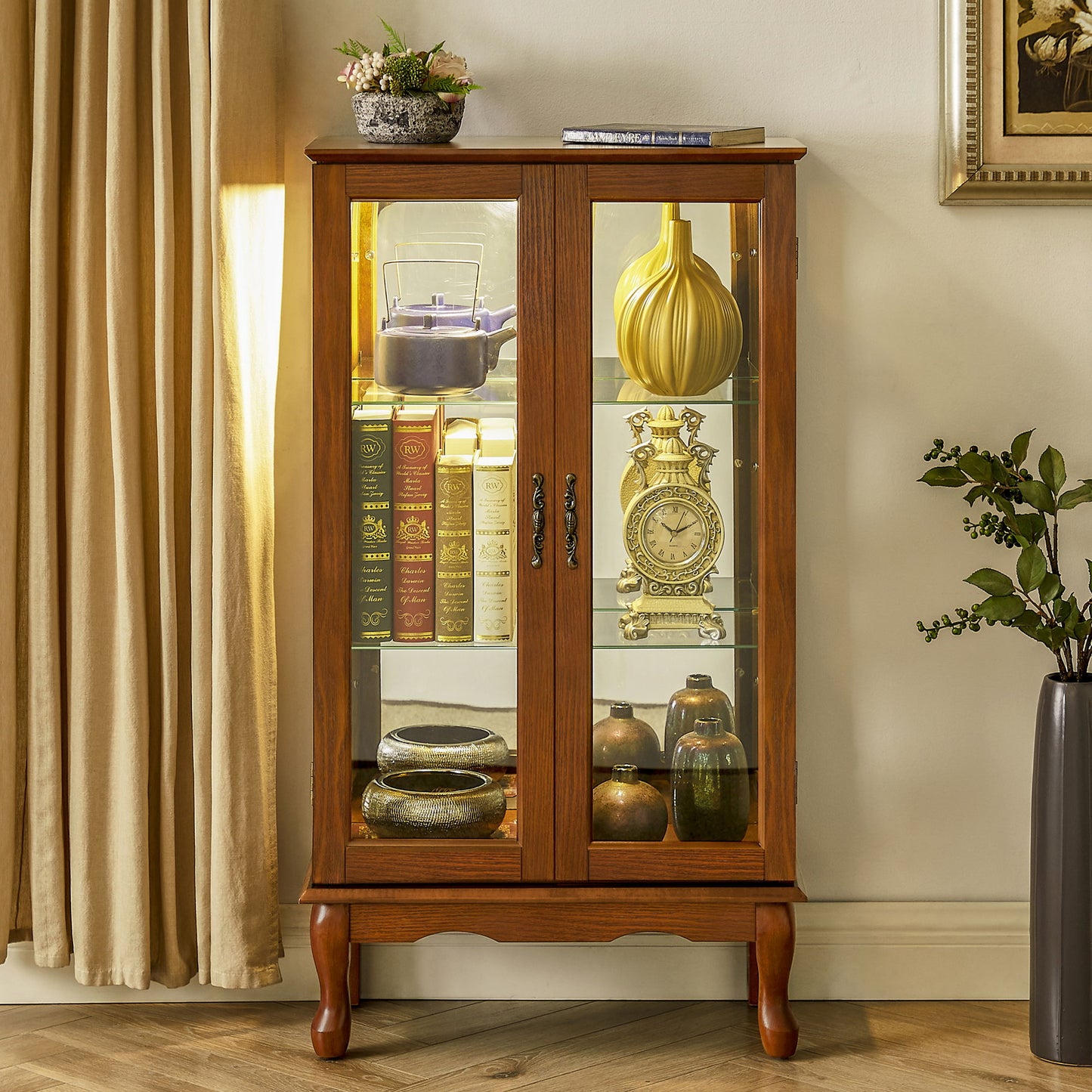 Curio Cabinet Lighted Curio Diapaly Cabinet With Adjustable Shelves And Mirrored Back Panel, Tempered Glass Doors (3 Tier), (E26 Light Bulb Not Included) - Oak
