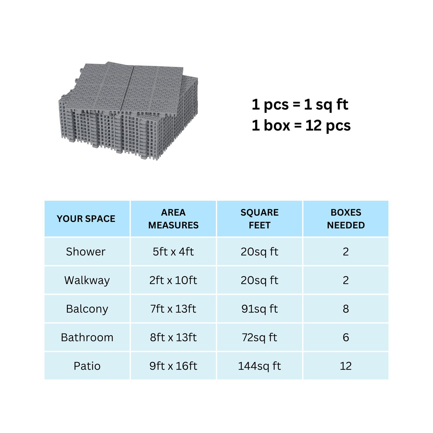 Interlocking Deck Tiles Plastic Waterproof Outdoor All Weather Anti-Slip Bathroom Shower Balcony Porch Strong Weight Capacity Upto 6613 Lbs, Rosette Pattern Pack Of 12 - Gray