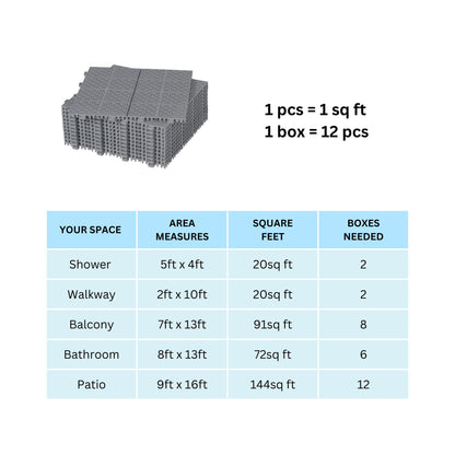 Interlocking Deck Tiles Plastic Waterproof Outdoor All Weather Anti-Slip Bathroom Shower Balcony Porch Strong Weight Capacity Upto 6613 Lbs, Rosette Pattern Pack Of 12 - Gray