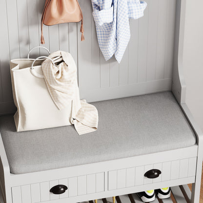 Modern 3 In 1 Hallway Hall Tree With Storage Drawers, Coat Rack, Shoe Rack Bench, And Cushion - Gray
