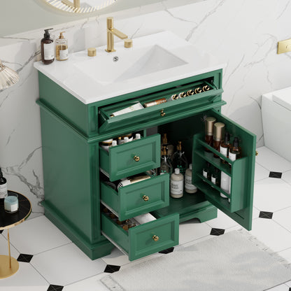 30" Bathroom Vanity With Sink, 1 Tip Out Drawer, 3 Drawers, Door Shelf, Soft Closing Door - Green