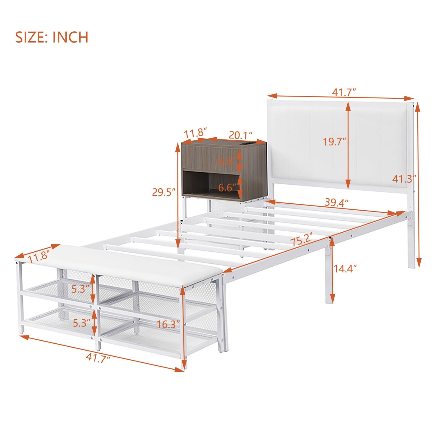 Twin Size Platform Bed With 2 Tier Storage Shelves, Storage Cabinet - White