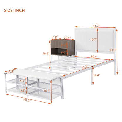 Twin Size Platform Bed With 2 Tier Storage Shelves, Storage Cabinet - White