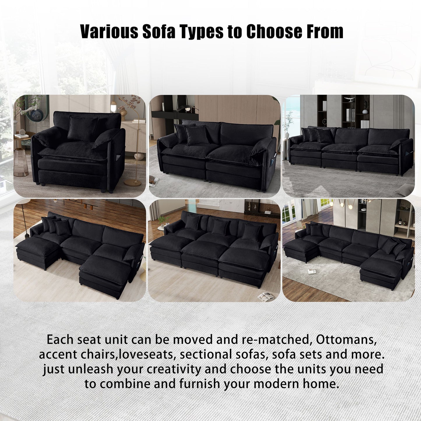 Oversized Deep Seat Luxury 2 Piece Sofa Set, Modern Chenille Comfy Cloud Couches For Living Room Office - Black