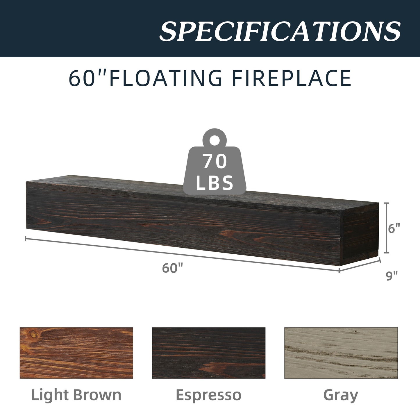 60" Rustic Wood Fireplace Mantel, Wall-Mounted & Floating Shelf For Home Decor - Espresso