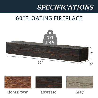 60" Rustic Wood Fireplace Mantel, Wall-Mounted & Floating Shelf For Home Decor - Espresso