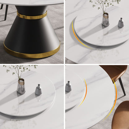 59.05" Modern Artificial Stone Round Carbon Steel Base Dining Table, White Artificial Stone Turntable - White / Black