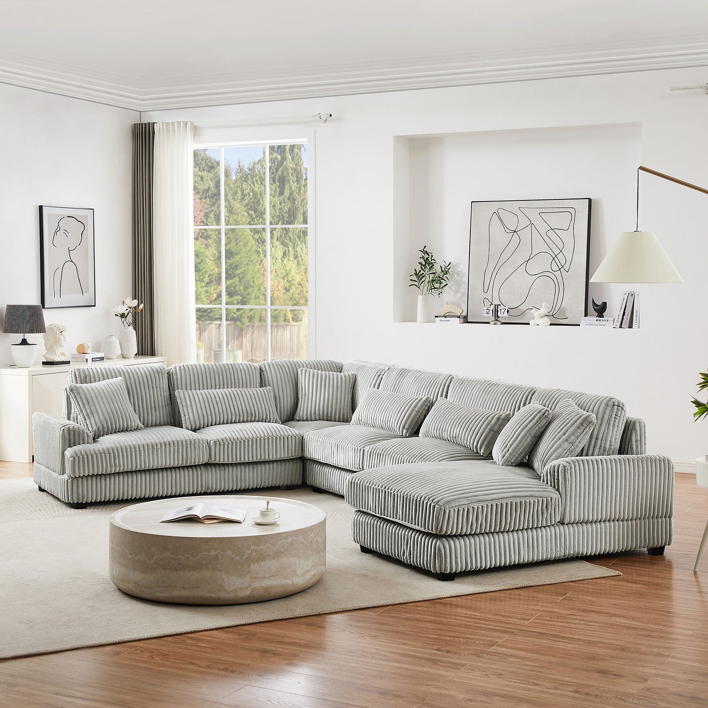 Oversized Sectional Sofa U - Shaped Sofa Couch Modern Sofa Upholstered In Soft Corduroy With A Chaise Lounge For Living Room - Gray
