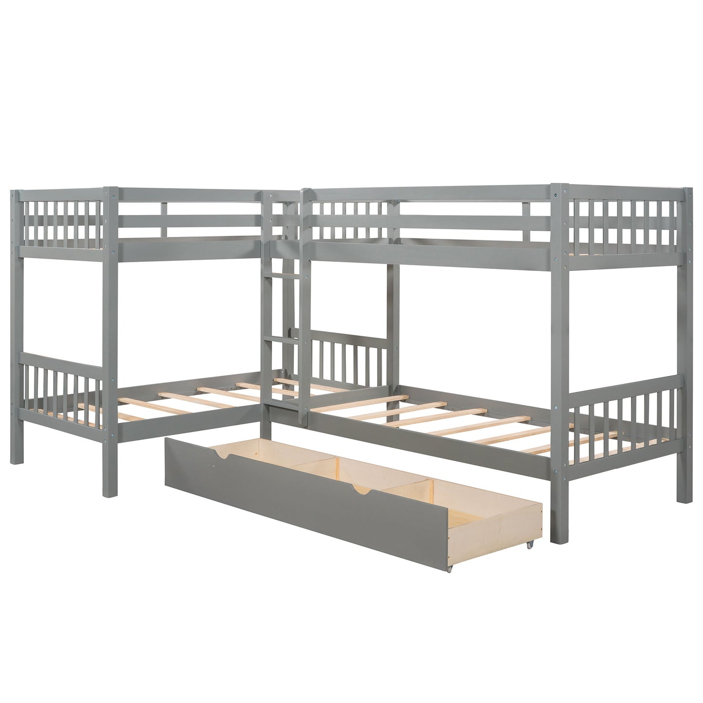 Twin L-Shaped Bunk Bed With Drawers - Gray