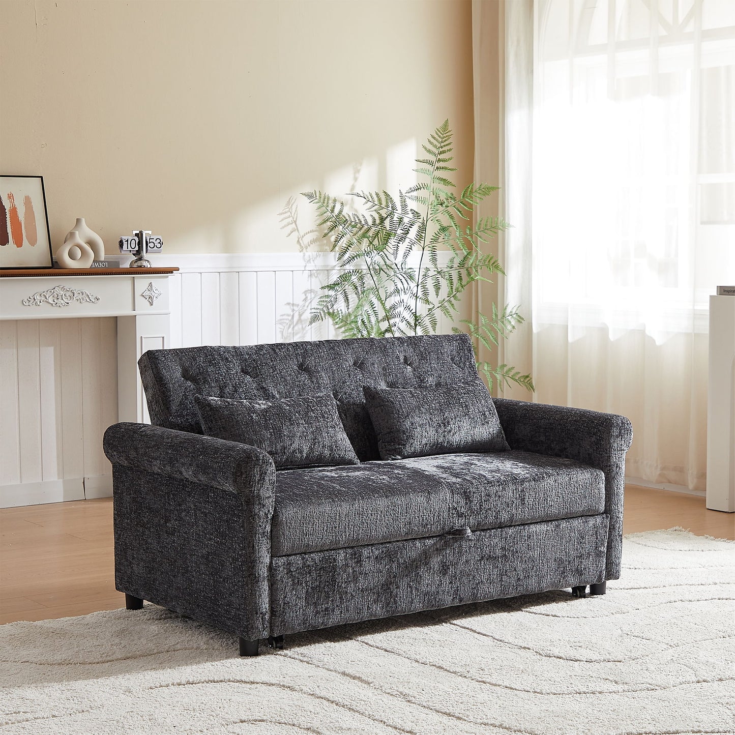 3 In 1 Loveseat Sofa Bed Chenille Fabric Pull Out Couch Sleeper Full Back Frame, Seat Frame, Armrests & 2 Pillows - Dark Gray