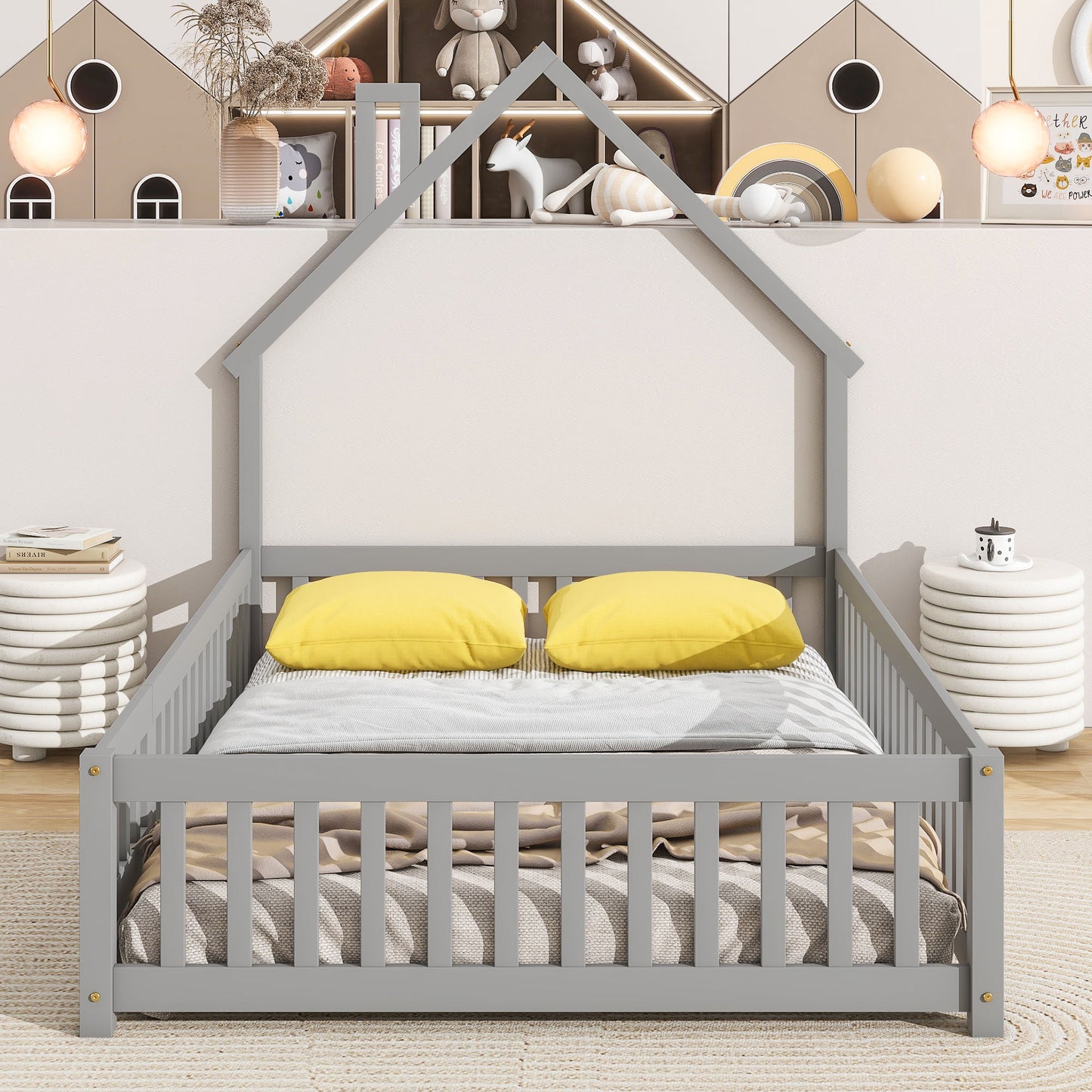 Full House-Shaped Headboard Floor Bed With Fence - Gray