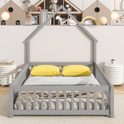 Full House-Shaped Headboard Floor Bed With Fence - Gray