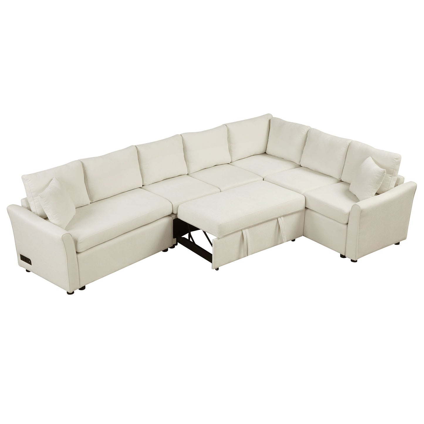 L-Shaped Sofa Convertible Sofa Bed Pull Out Sofa Sleeper With Two Back Pillows, Two USB Ports And Two Power Sockets For Living Room - Beige