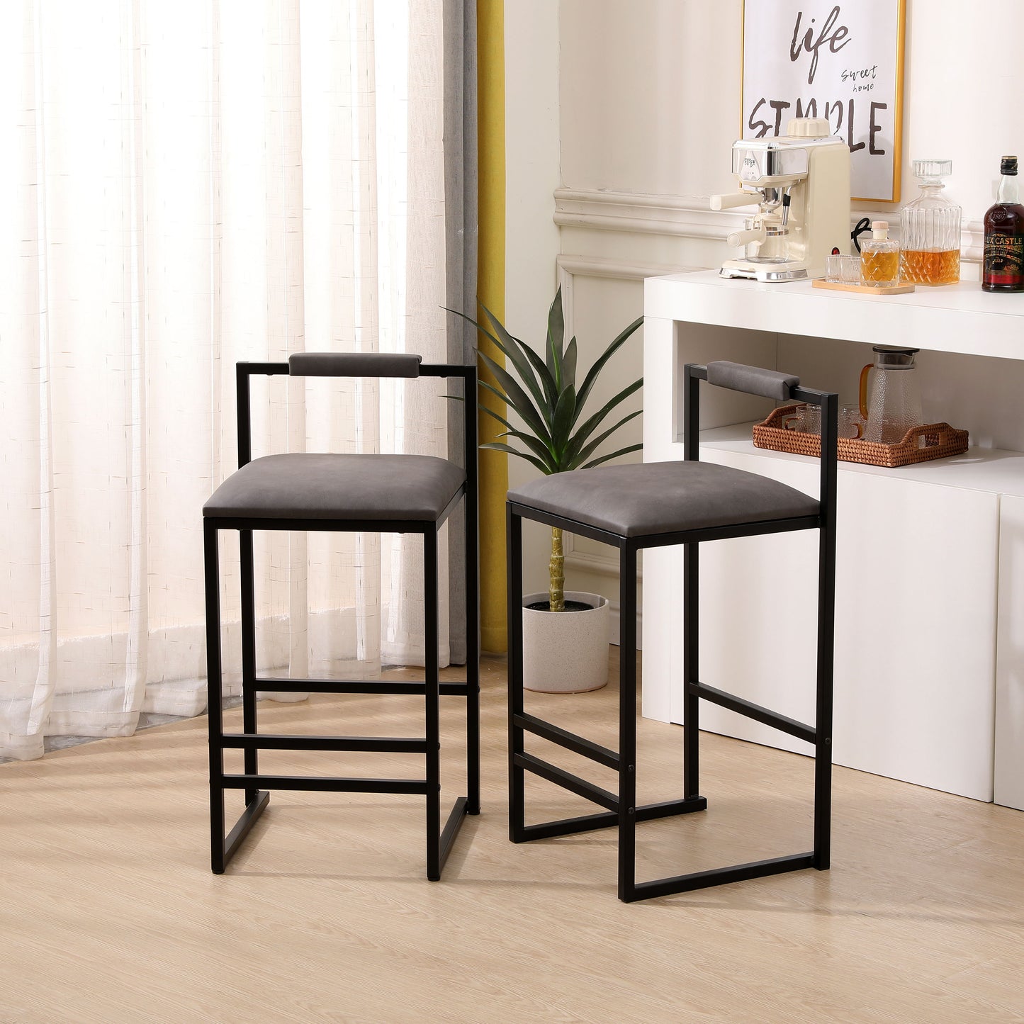 Modern Armless Metal Legs Kitchen Island Stools With Back Upholstered Chairs 2 Piece Set - Gray