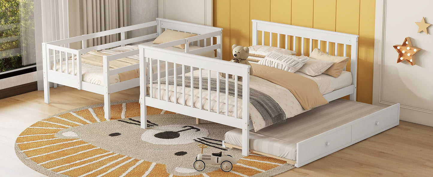 Twin Over Full Bunk Bed With Twin Size Trundle, Storage And Guard Rail For Bedroom - White