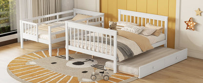 Twin Over Full Bunk Bed With Twin Size Trundle, Storage And Guard Rail For Bedroom - White
