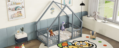 Twin Wood House-Shaped Floor Bed With Fence, Guardrails - Gray
