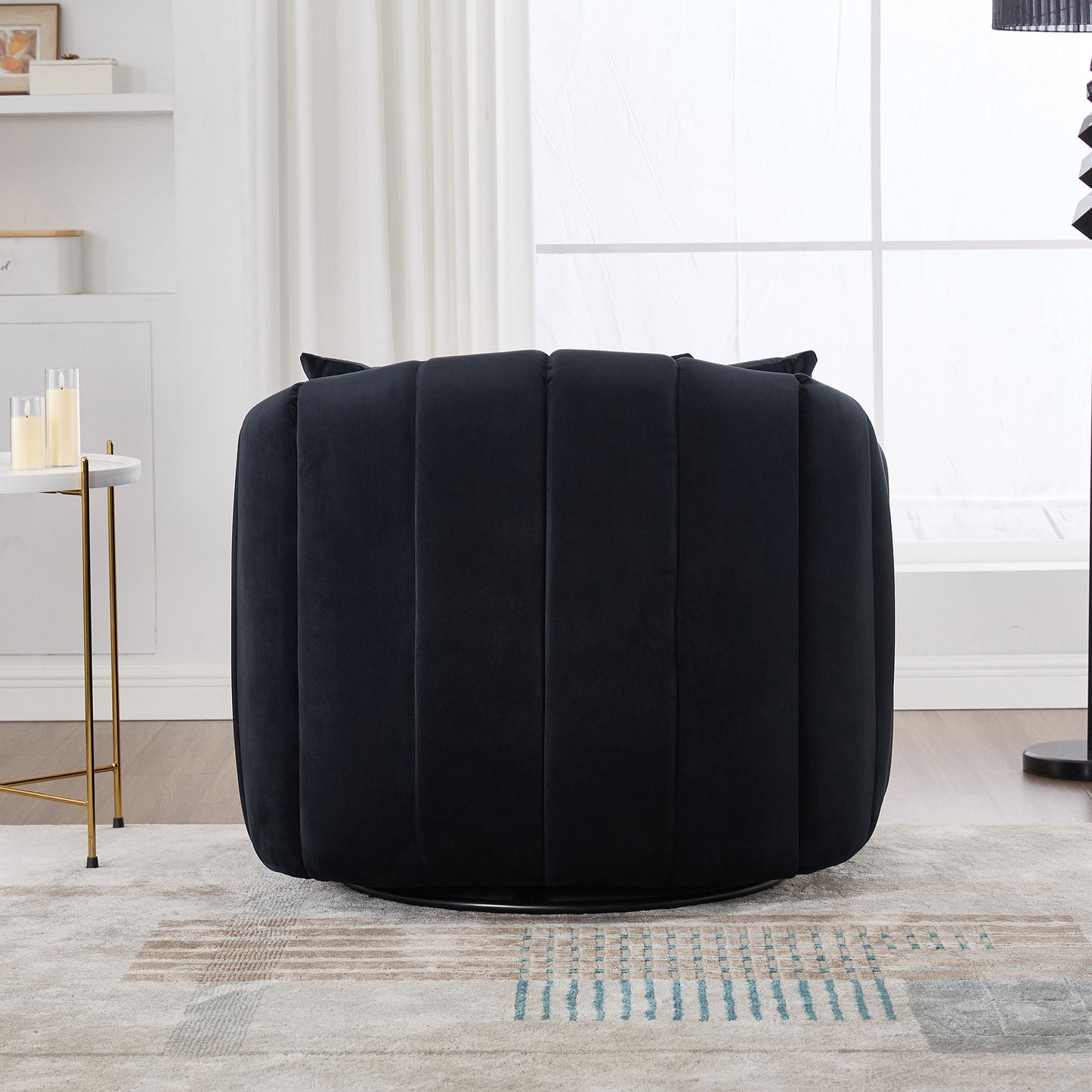 Upholstered Oversized 360 Degree Swivel Accent Barrel Chair And Half Cozy Sofa With 3 Pillows, Channel Tufted Pumpkin Shape Club Armchair For Living Room, Bedroom, Office, Lounge - Black