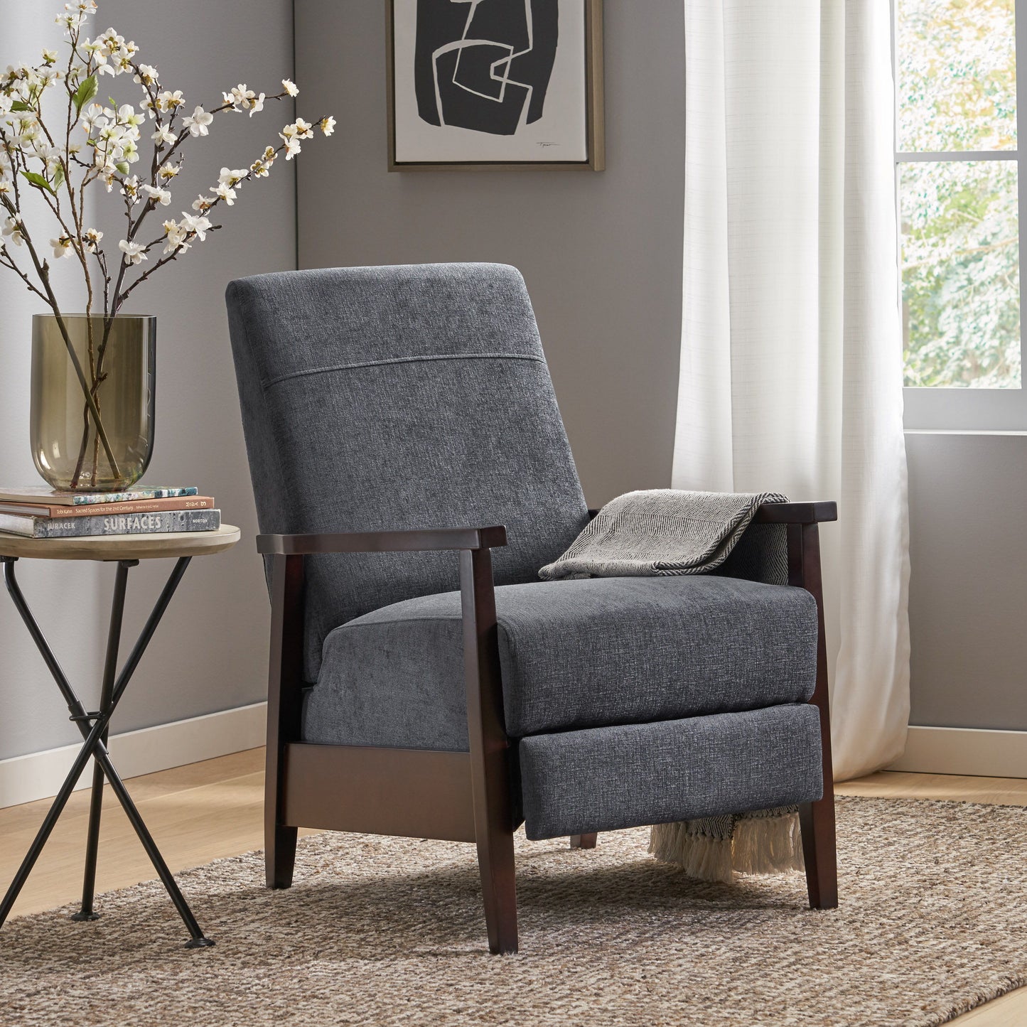Wide Wood Hand Manual Club Recliner - Charcoal