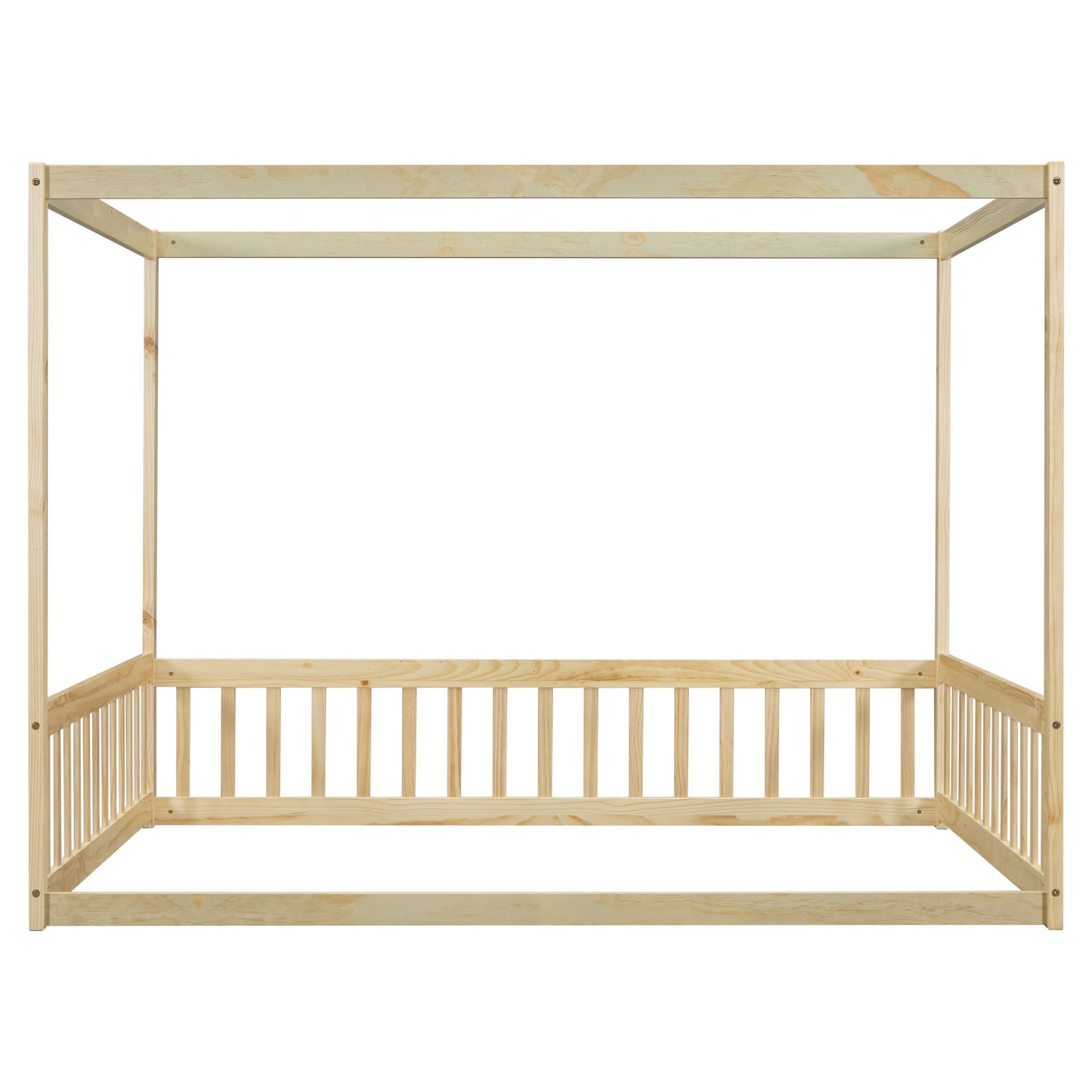 Full Size Canopy Frame Floor Bed With Fence, Guardrails - Natural