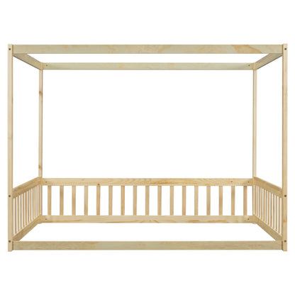 Full Size Canopy Frame Floor Bed With Fence, Guardrails - Natural