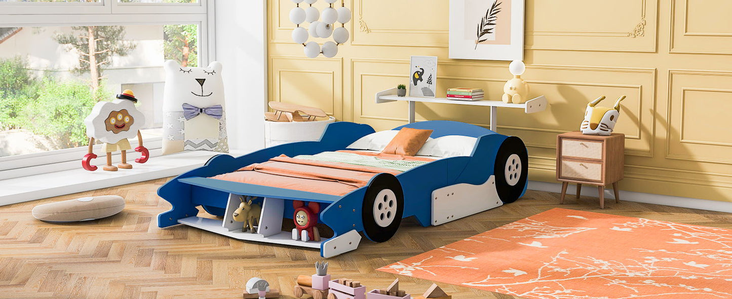 Full Size Race Car Shaped Platform Bed With Wheels - Blue