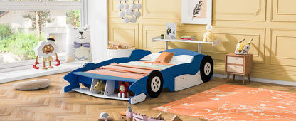 Full Size Race Car Shaped Platform Bed With Wheels - Blue