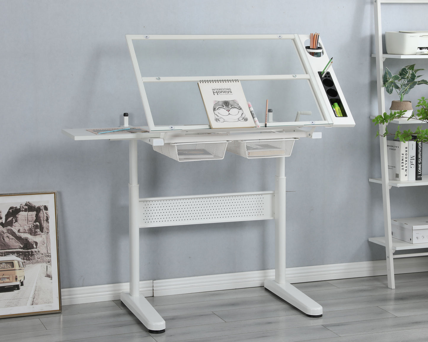 38.18" Hand Crank Adjustable Drafting Table Drawing Desk With 2 Metal Drawers With Stool - White