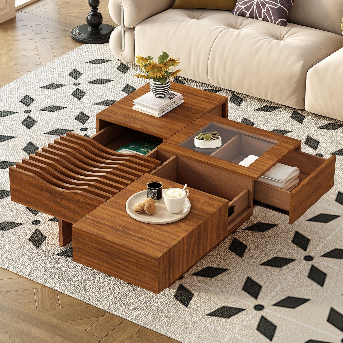 Mid Century Modern Coffee Table, Unique Square Wooden Coffee Table With 3 Drawers, Tempered Glass And Solid Wood Legs For Living Room - Brown
