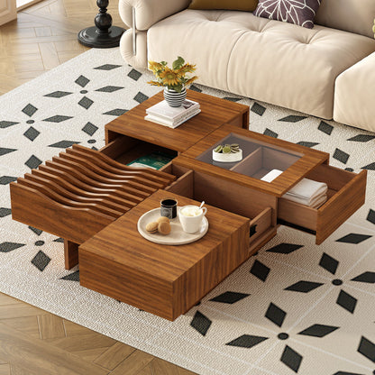 Mid Century Modern Coffee Table, Unique Square Wooden Coffee Table With 3 Drawers, Tempered Glass And Solid Wood Legs For Living Room - Brown