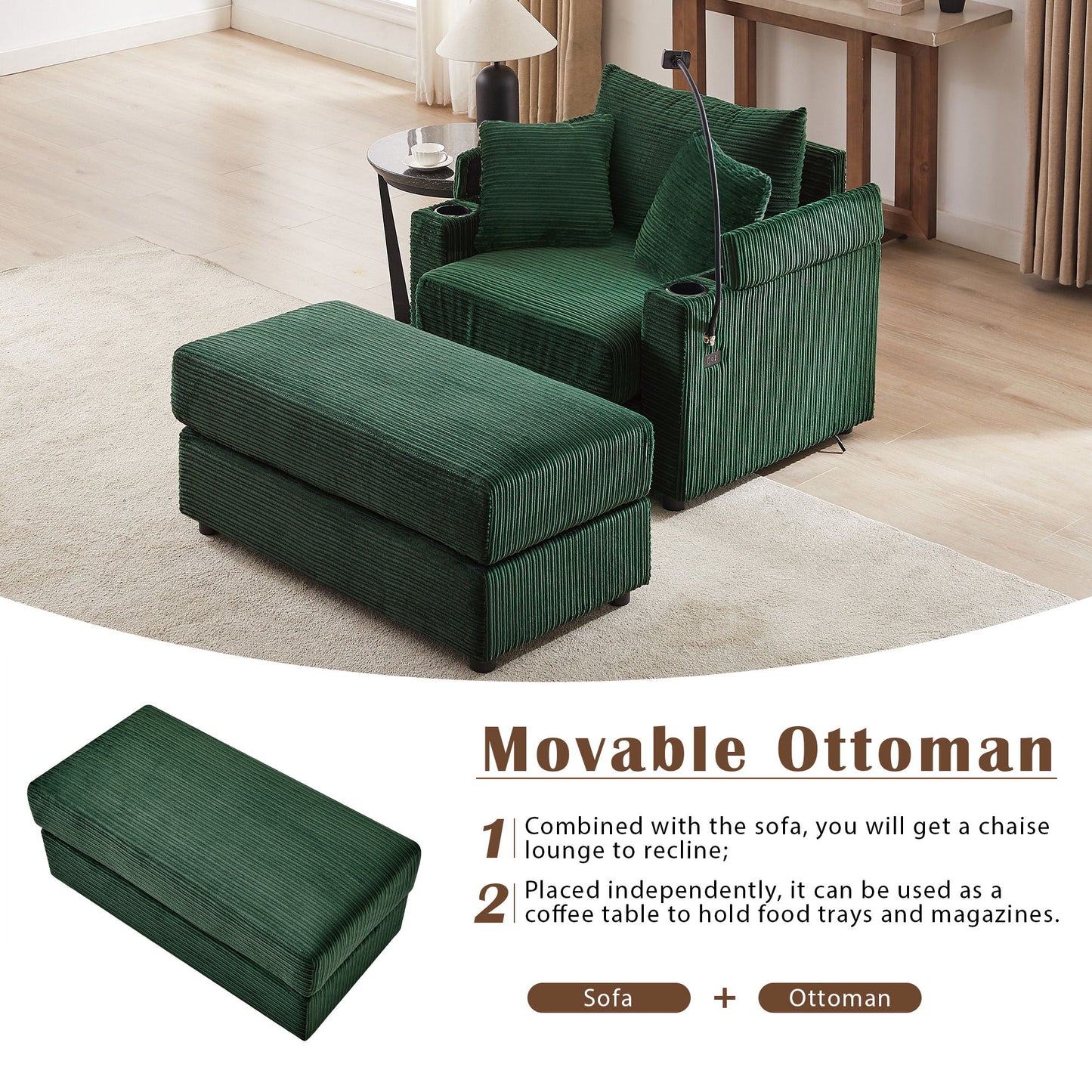 Modern Style Single Sofa Sofa Couch With Storage Space, A Movable Ottoman, Two USB Ports, Two Cup Holders, A Phone Holder For Living Room - Green