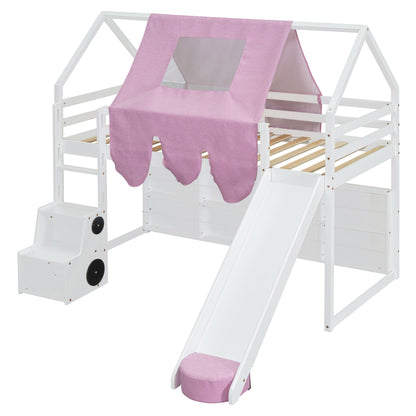 Twin Size Charming House Shaped Loft Bed With Tent And Slide - White / Pink