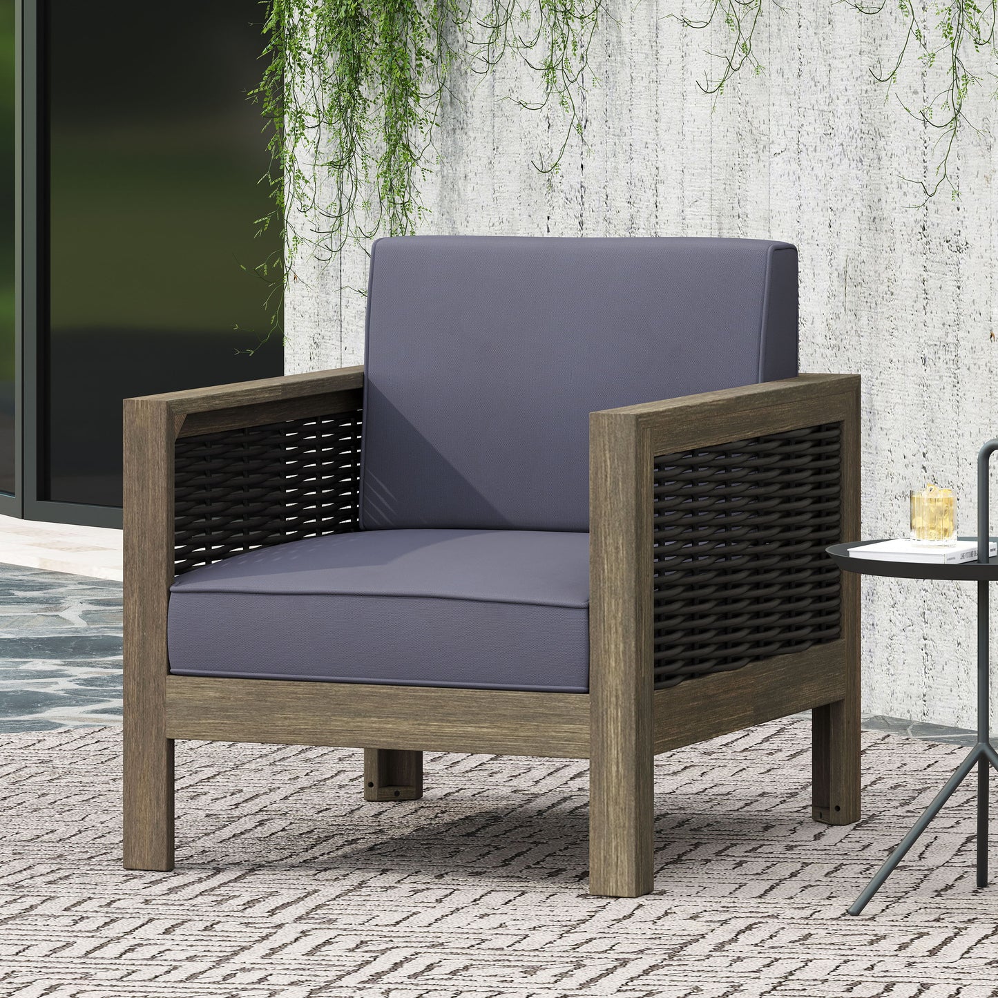 Outdoor Club Chair With Wicker Accents And Water Resistant Cushions - Gray