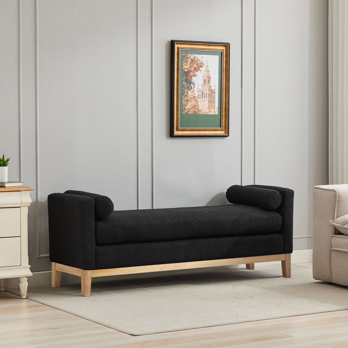 Elegant Upholstered Bench Daybed Ottoman With Nature Wood Legs & Bolster Pillows - Black Boucle