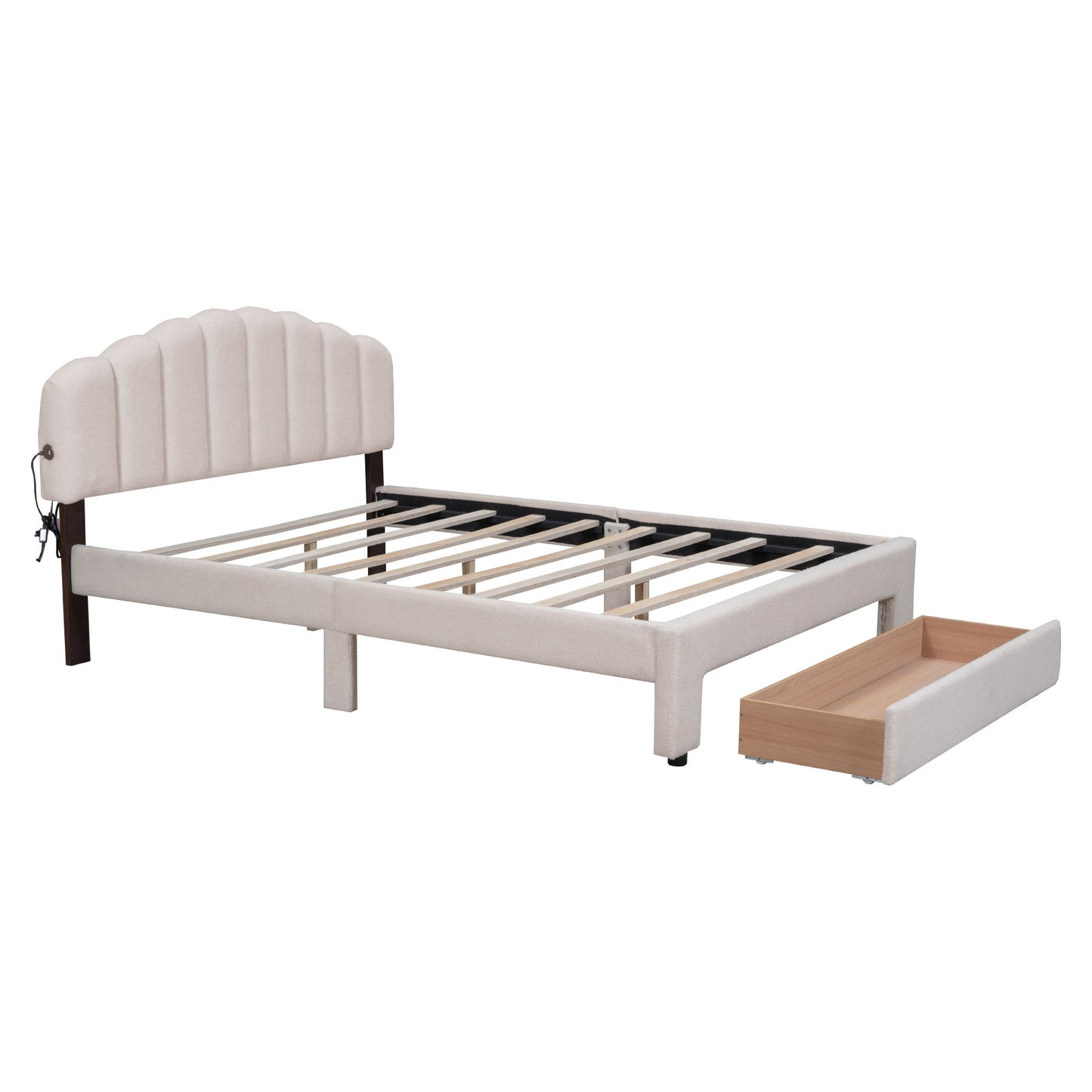 Queen Size Upholstered Platform Bed With Drawer - Beige