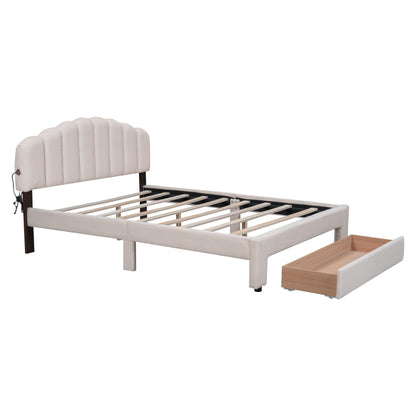 Queen Size Upholstered Platform Bed With Drawer - Beige