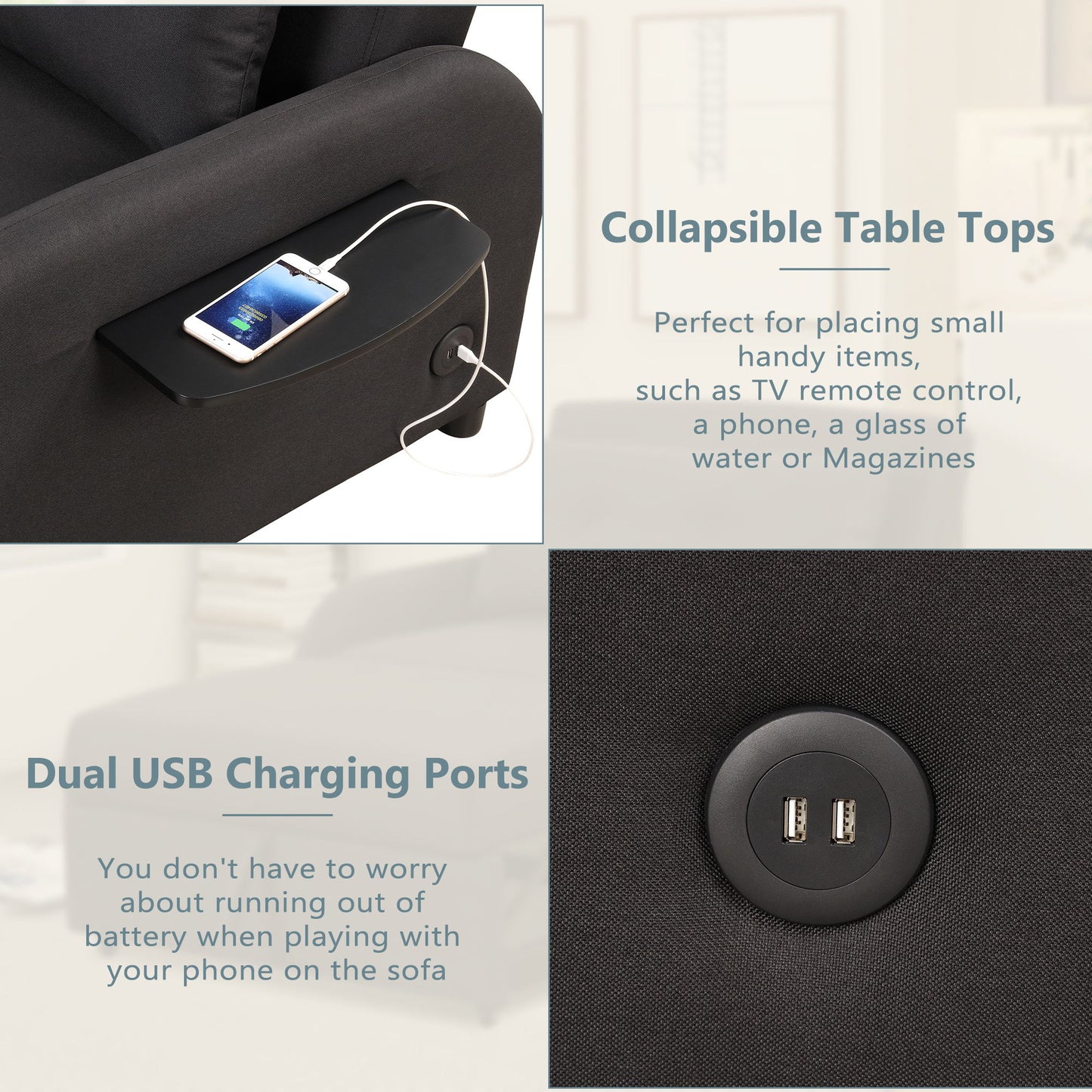 3 In 1 Pull Out Sofa Sleeper With Wing Table And USB Charge - Black