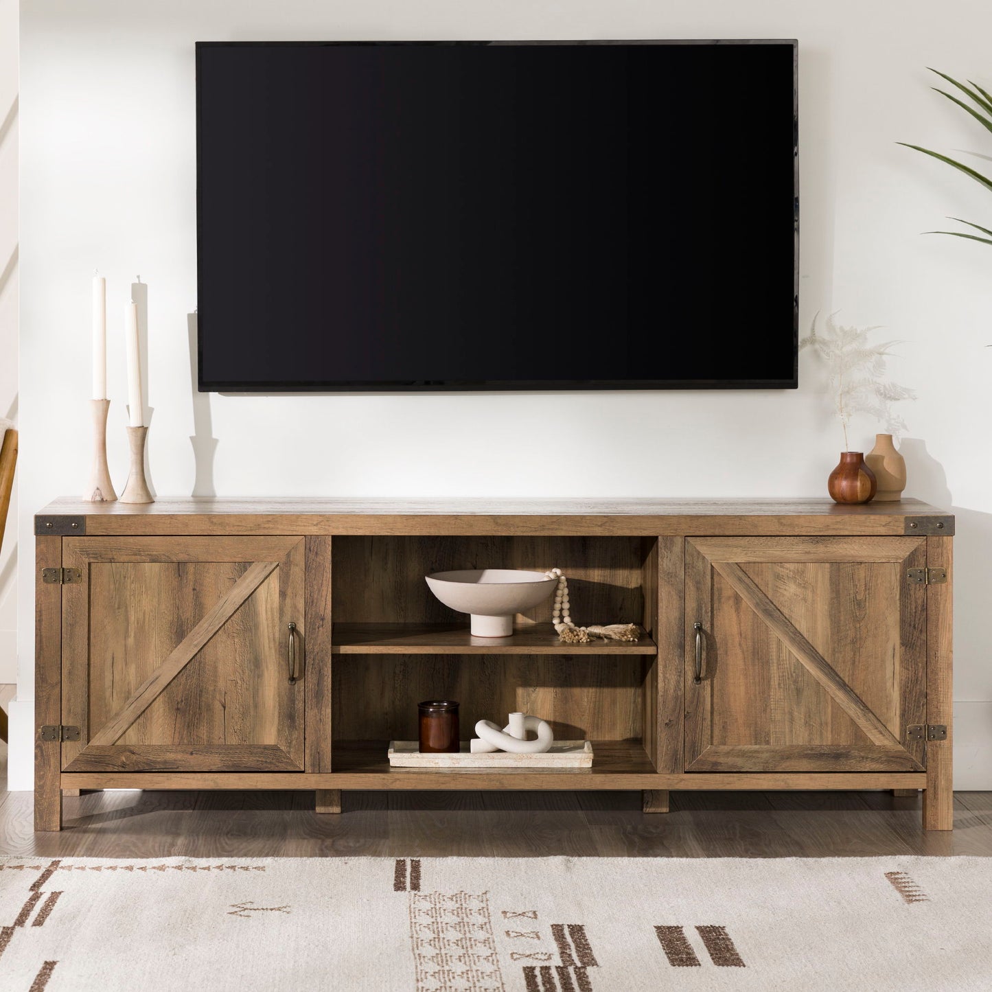 Rustic Farmhouse Double Barn Door 70" TV Stand For 80" TVs With Center Shelves - Rustic Oak