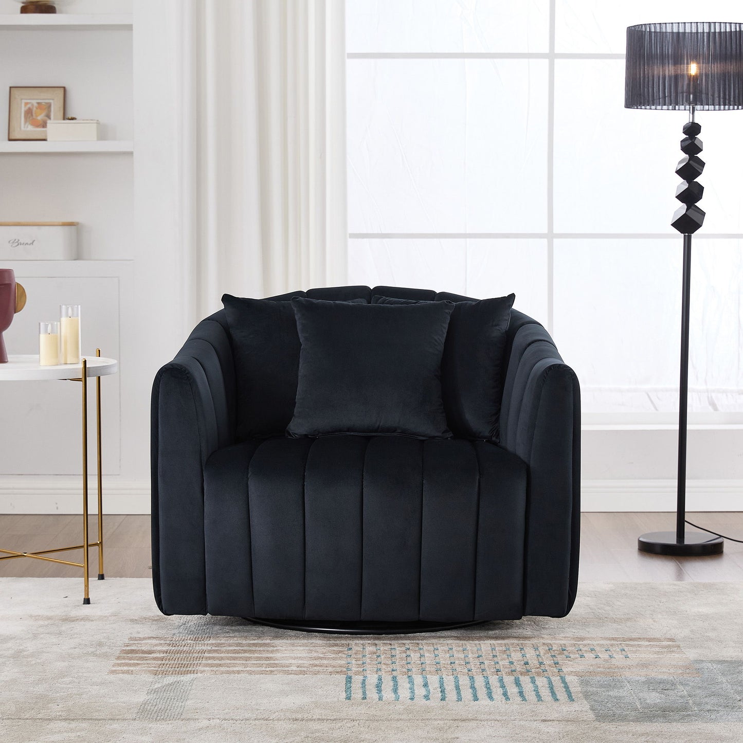 Upholstered Oversized 360 Degree Swivel Accent Barrel Chair And Half Cozy Sofa With 3 Pillows, Channel Tufted Pumpkin Shape Club Armchair For Living Room, Bedroom, Office, Lounge - Black