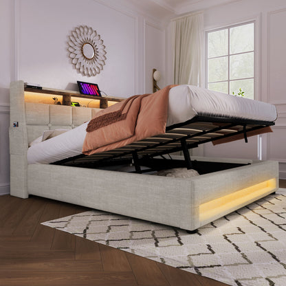 Queen Size Upholstered Platform Bed With A Hydraulic Storage System, LED And USB Charging (Without Mattress) - Natural