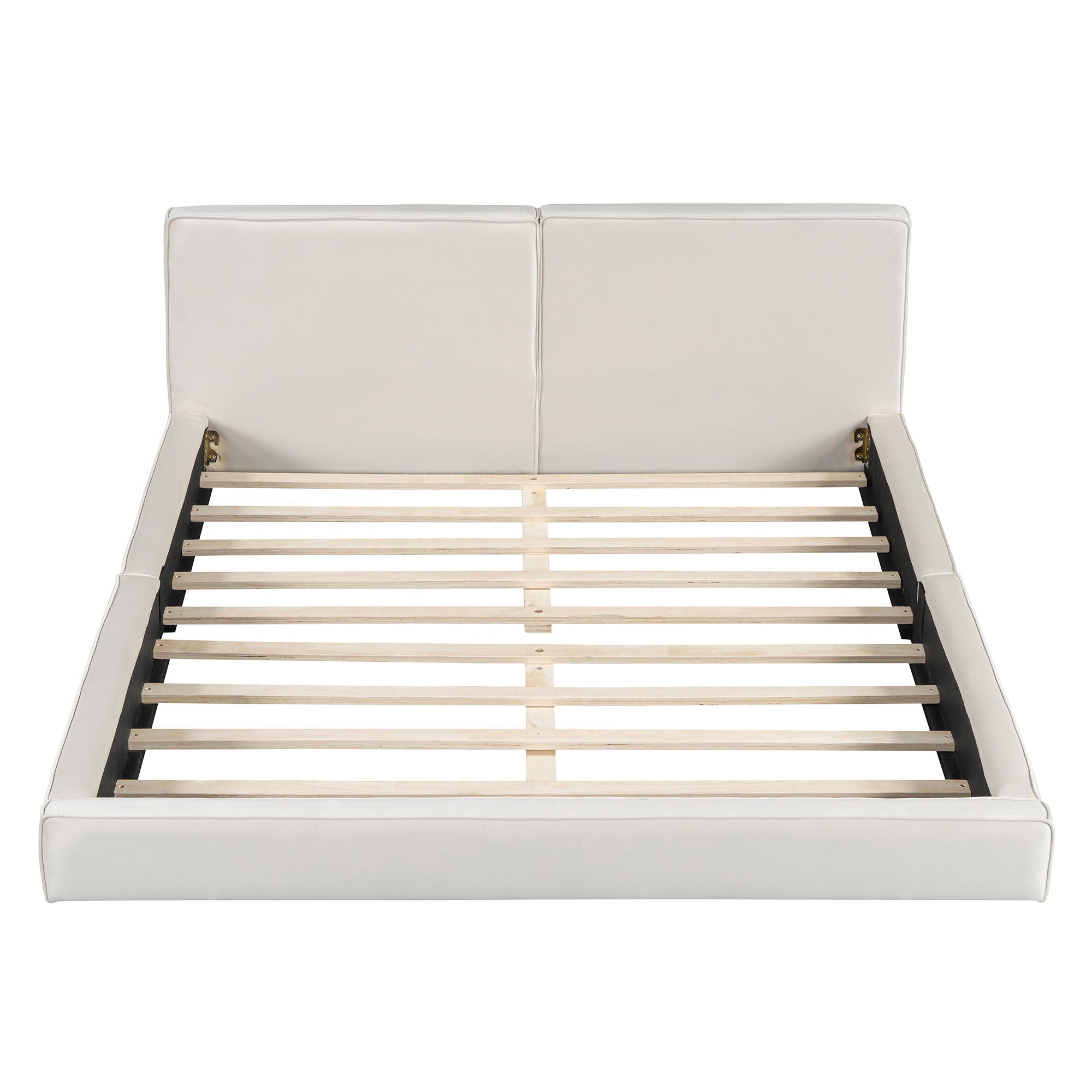 Queen Size Upholstered Platform Bed, Grounded Bed With Solid Frame - Beige